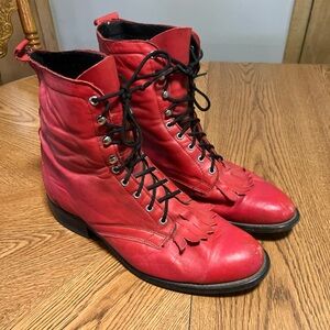 Red Lace-Up Leather Boots